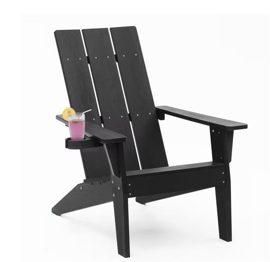 Oversize Modern Black Plastic Outdoor Patio Adirondack Chair with Cup Holder FCH1308