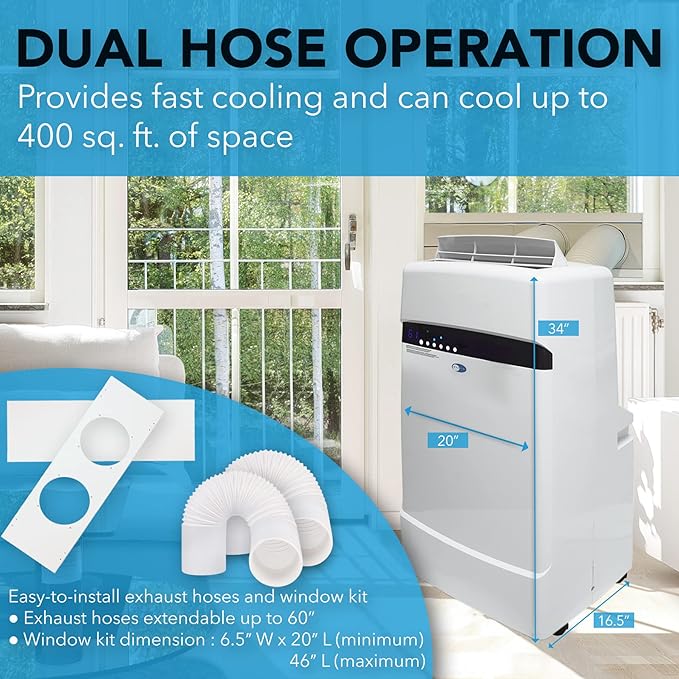 Whynter 12,000 BTU Dual Hose Cooling Portable Air Conditioner, Dehumidifier, and Fan with Storage bag, up to 400 sq ft in White ARC-12SD